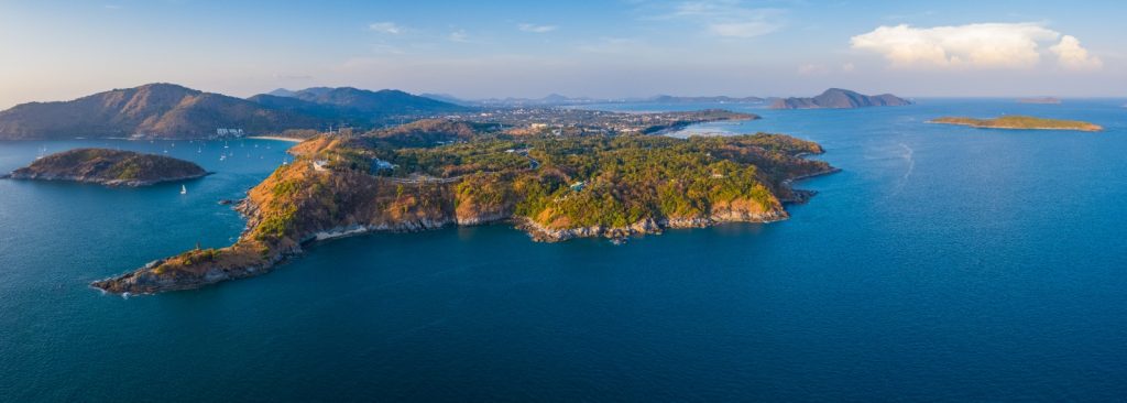 Aerial panorama of the Promthep cape - southernmost tip of the island of Phuket, Thailand